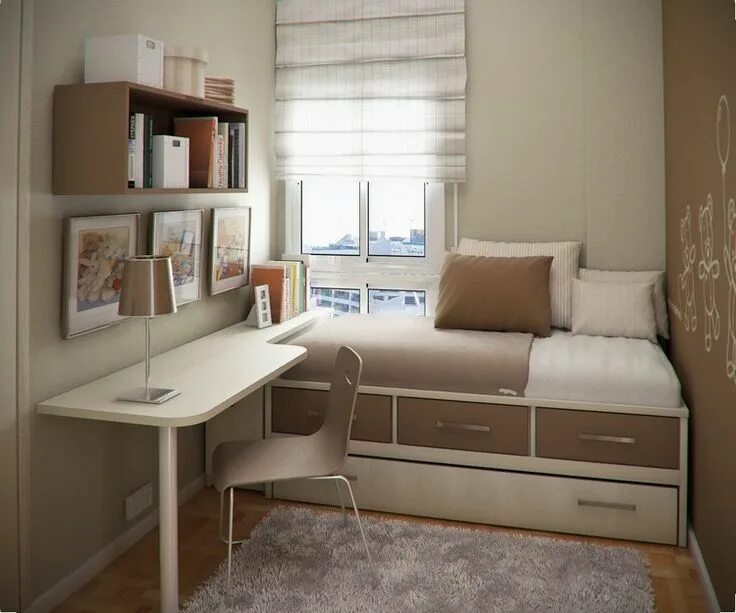 Примеры интерьера маленькой комнаты Einzelbett mit Bettkasten und Eckschreibtisch Small bedroom, Small room design, 