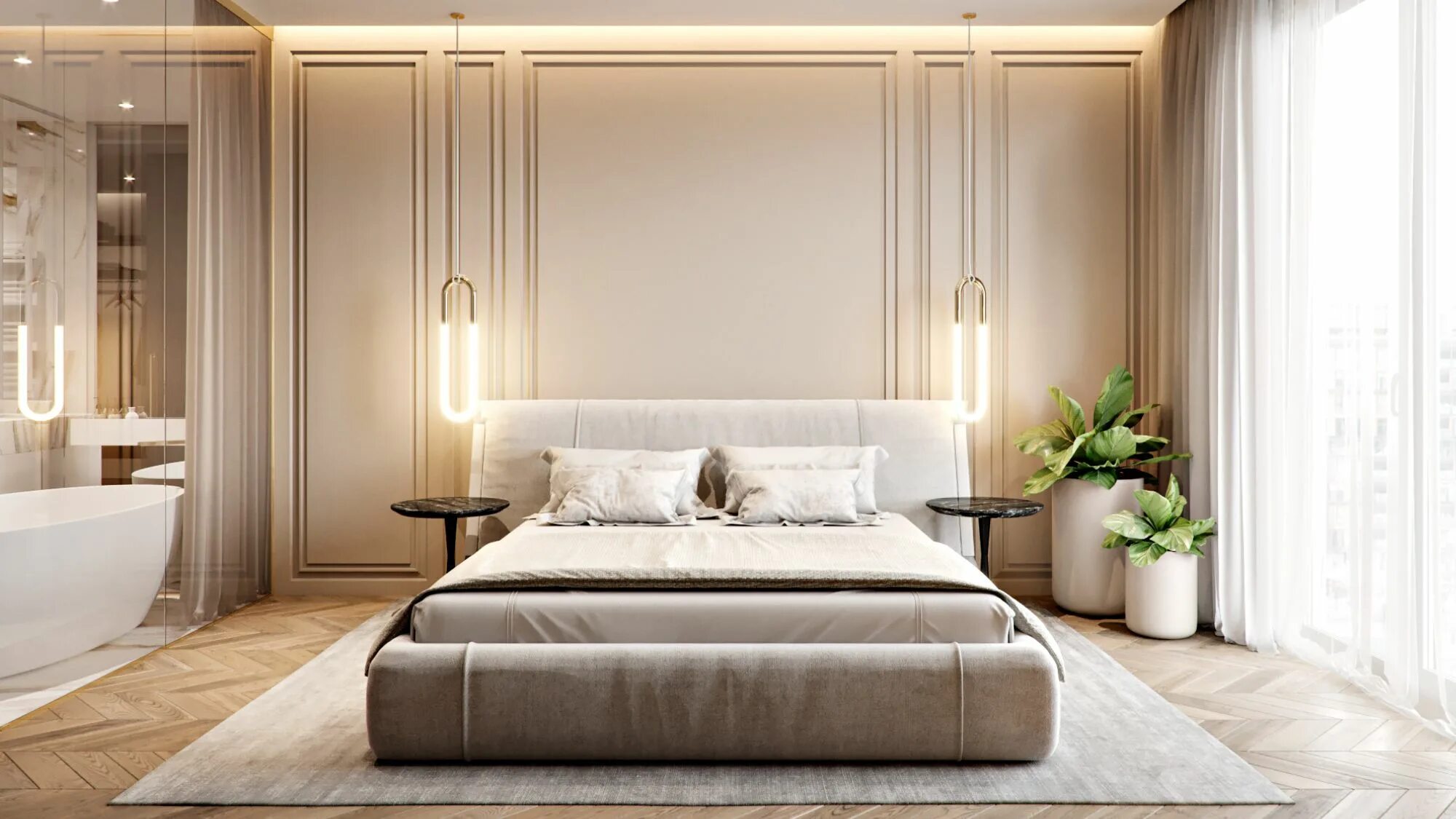 Примеры интерьера спальни Interior design of apartment. Modern apartment with classic elements. In soft, l