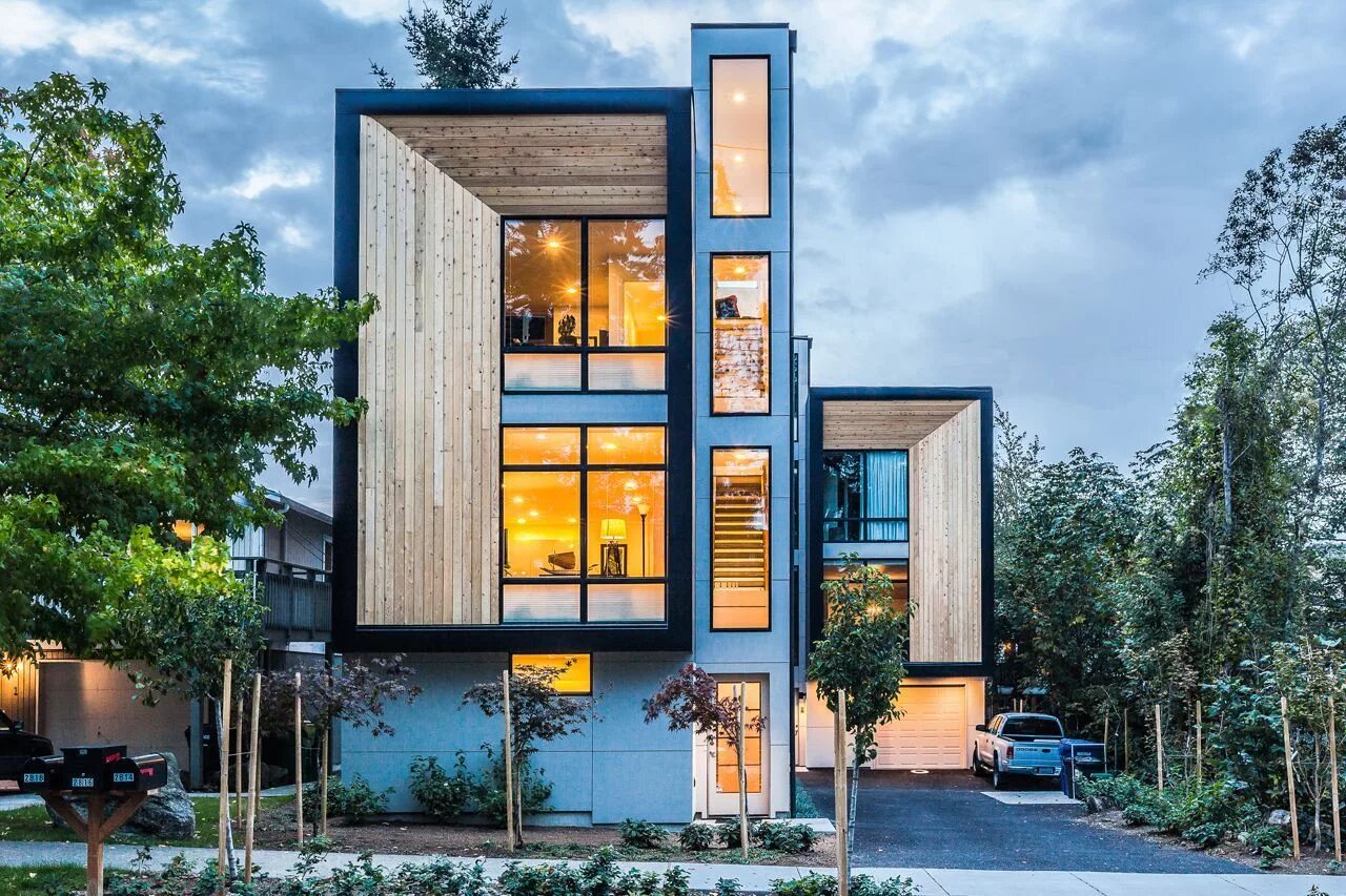 Примеры общественного дома Modern Prefab Townhomes in West Seattle Townhouse designs, Modern prefab homes, 