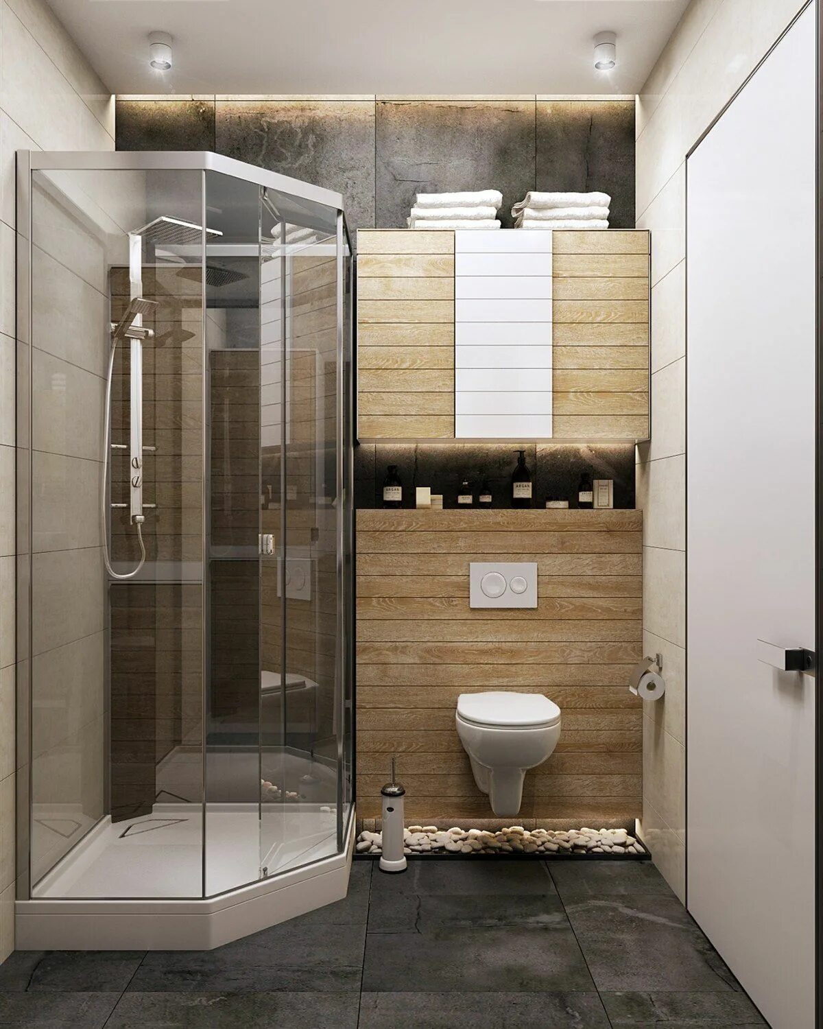 Great Small Bathroom Idea Feature Black Gray Shower Wall Tile And Glass Door Plu