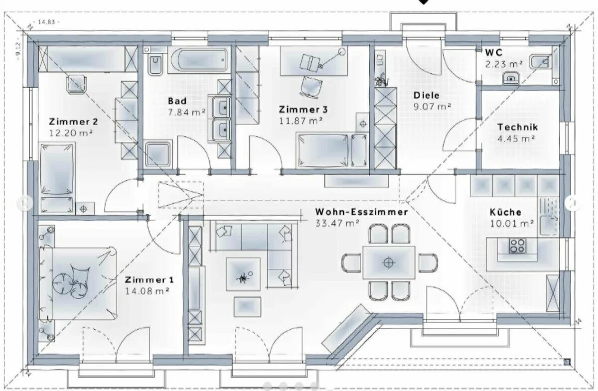 Примеры планировки одноэтажного дома Одноэтажный дом 105 m²-130 m². "VARIO-HAUS" Австрия & "Ooreka" Франция Порубежье