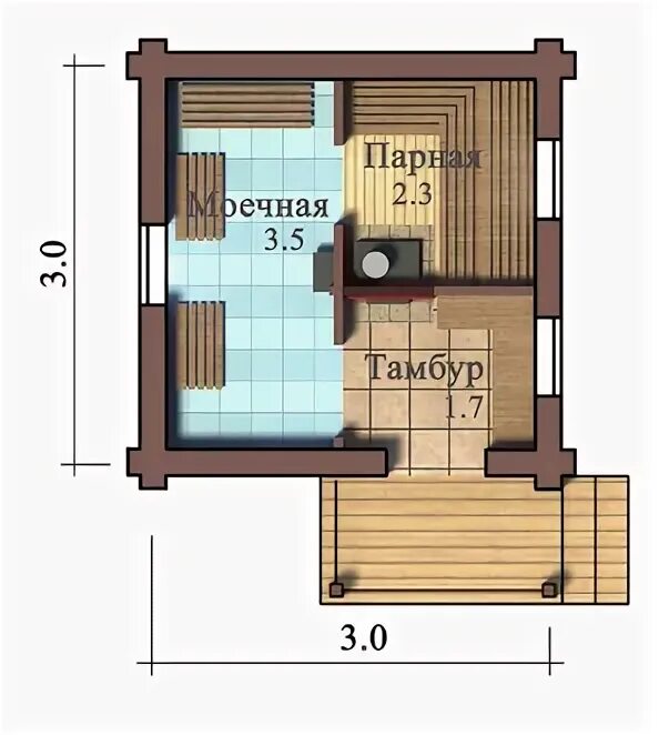 Примеры планировок бань Проект бани 3 на 3 (3x3) из оцилиндрованного бревна