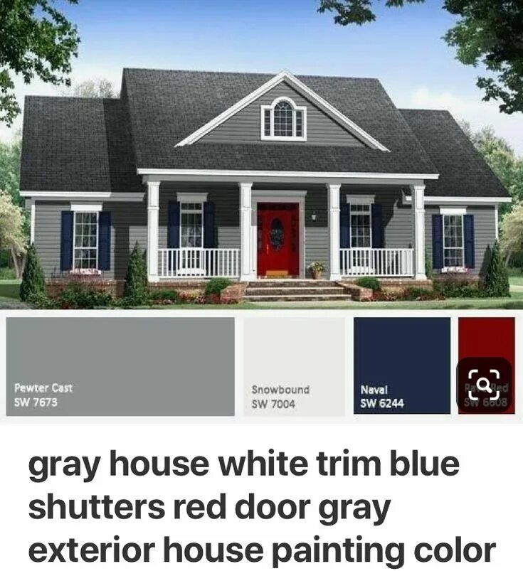 Примеры цвета дома Gray House Exterior with Red, White, and Blue Color Scheme