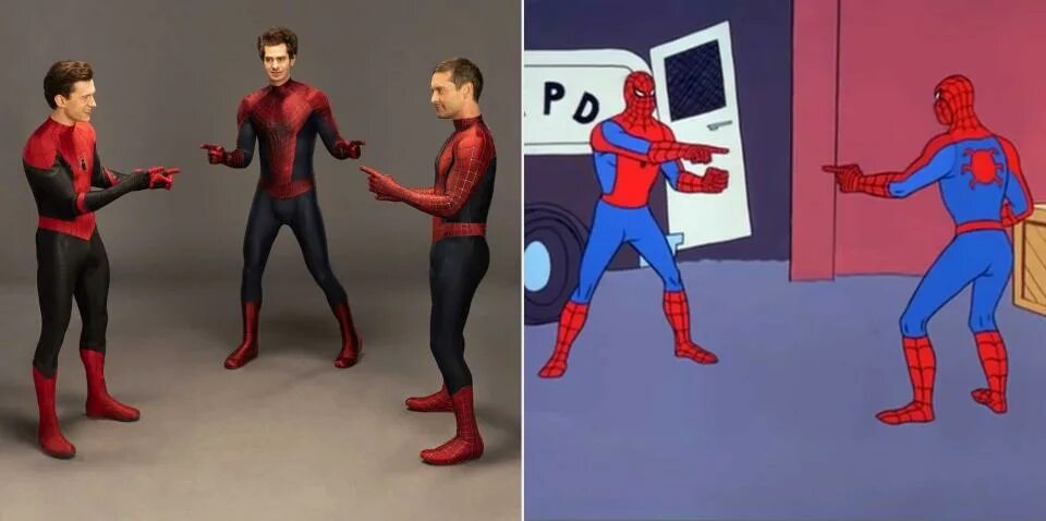 Принеси мне фото человека паука мем Tom Holland, Andrew Garfield, and Tobey Maguire recreate classic Spider-Man poin