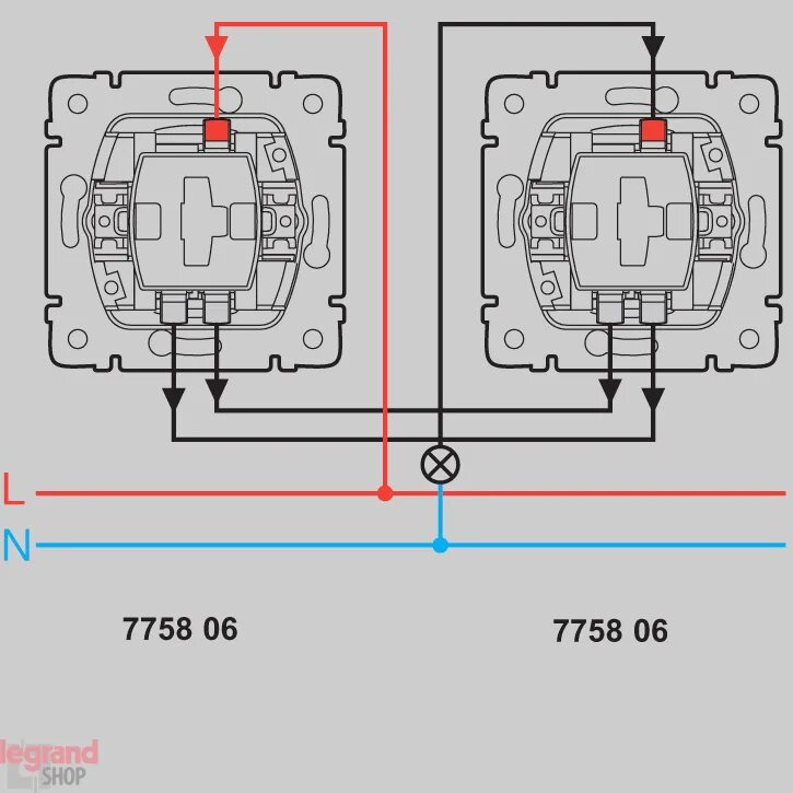 Принцип подключения проходного выключателя 775806 механизм выключателя универсального (проходного) Galea Life. Розетки, вык