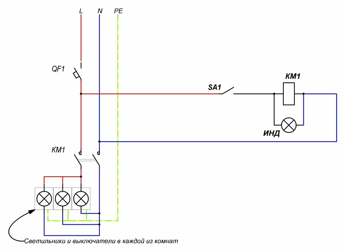Принцип подключения схема Как подключить освещение через контактор и в каких случаях это нужно? Лампа Элек