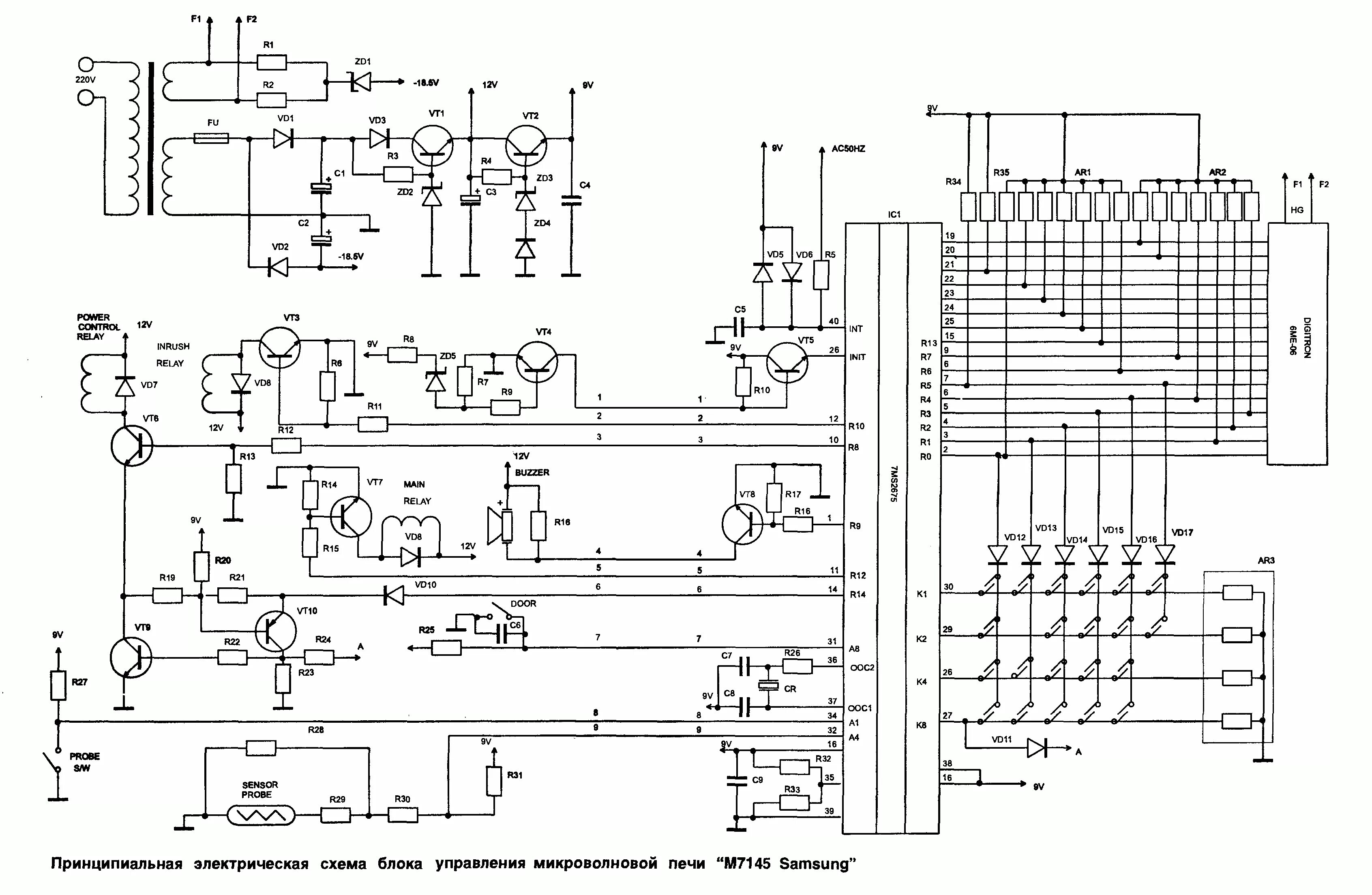 Принципиальная электрическая схема Микроволновая печь "Samsung М7145"