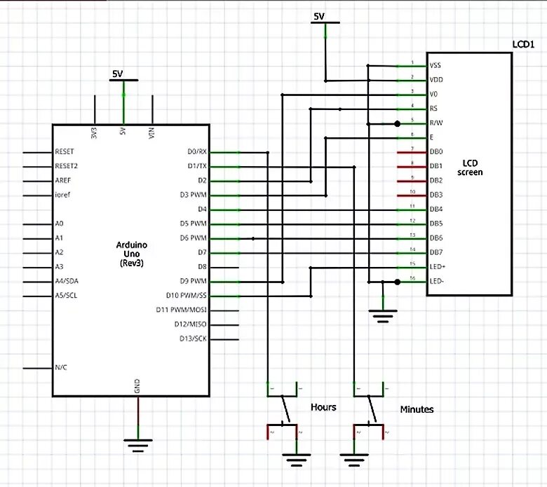 Принципиальная электрическая схема ардуино Arduino Uno цифровые часы без резистора и потенциометра