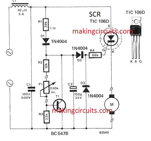 Принципиальная электрическая схема блендера Simple Drill Speed Controller Circuit - 220V, 120V AC Back EMF Dependent Electro