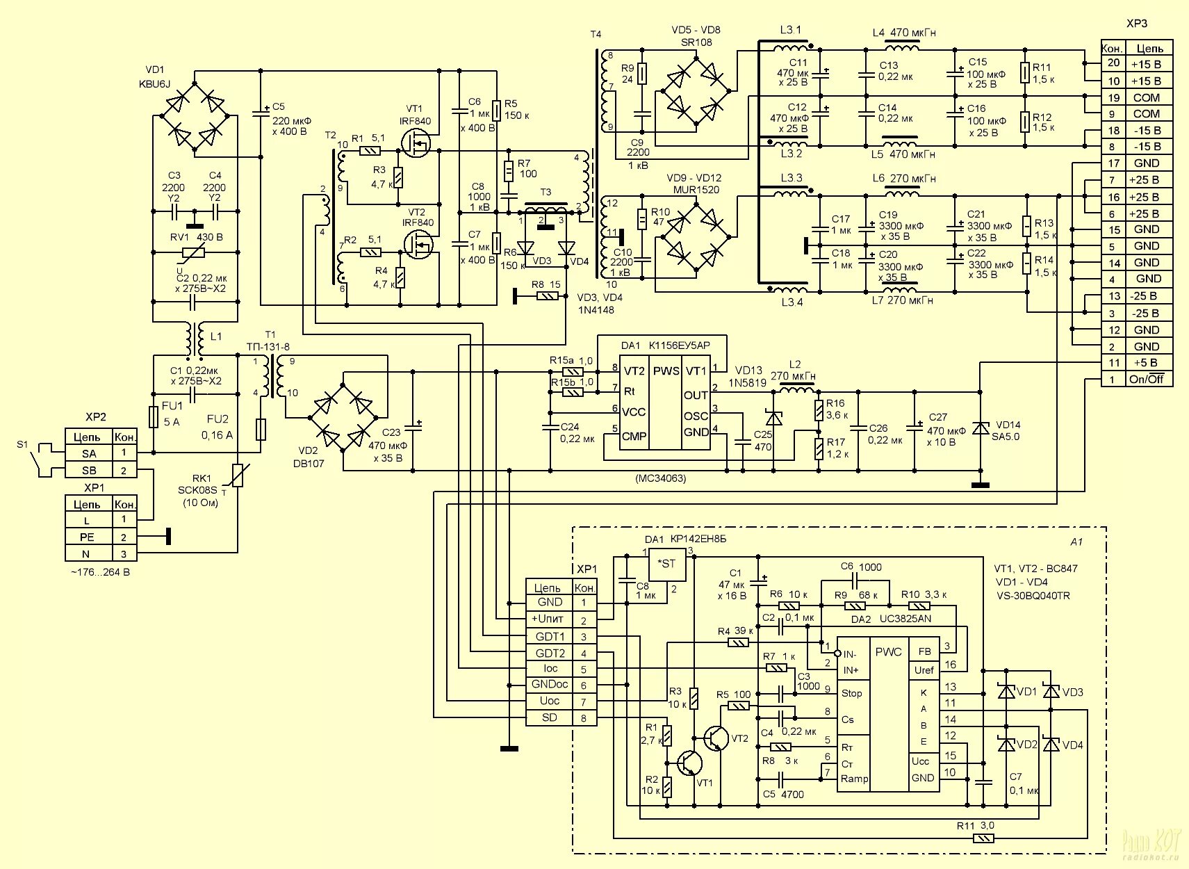 Принципиальная электрическая схема блока РадиоКот :: Импульсный блок питания мощностью 200 Вт для УМЗЧ