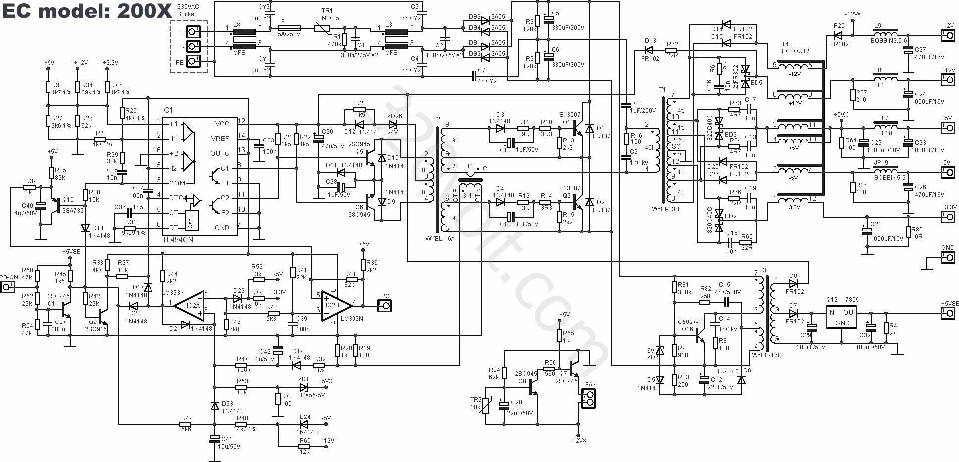 Принципиальная электрическая схема блока питания 6ep1437 3baoo EC 200X ATX Power Supply SMPS ATX TL494 LM393 - Elektronik Devreler Projeler