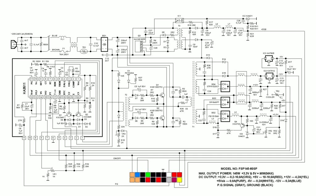 Принципиальная электрическая схема блока питания 6ep1437 3baoo FSP145-60SP схема Electronic circuit projects, Atx, Diagram