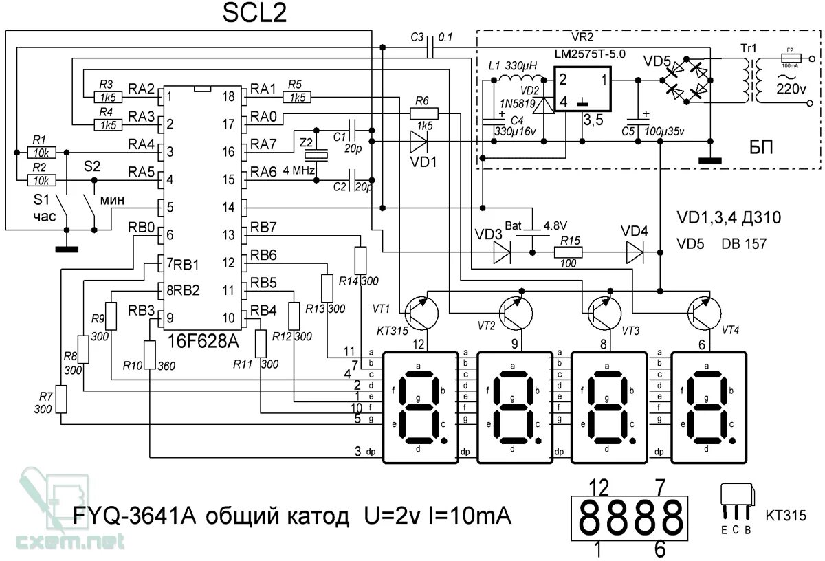 Принципиальная электрическая схема часов Часы на PIC16F628A и FYQ3641A