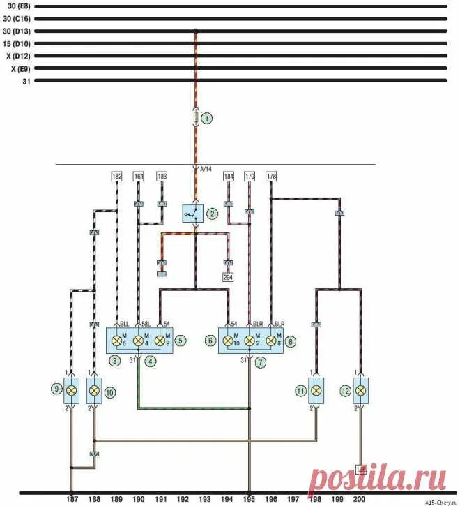Принципиальная электрическая схема чери а13 Электросхема задних фонарей, стоп-сигналов, габаритов Чери Амулет Chery авто Пос