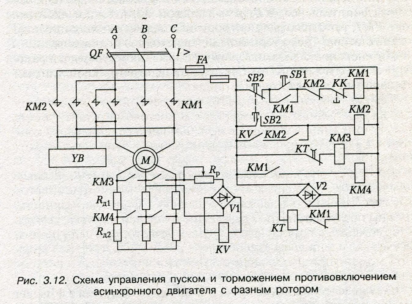 Принципиальная электрическая схема двигателя Схема управления пуском и динамическим торможением асинхронных двигателей