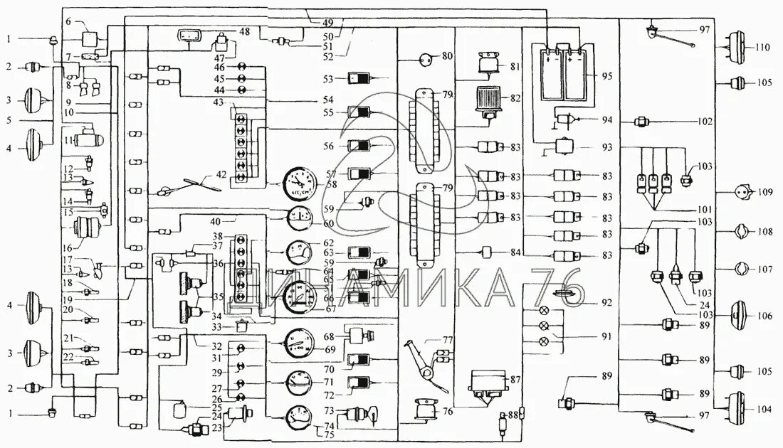 Принципиальная электрическая схема электрооборудования Схема электрооборудования на КрАЗ-6443 (каталог 2004 г)