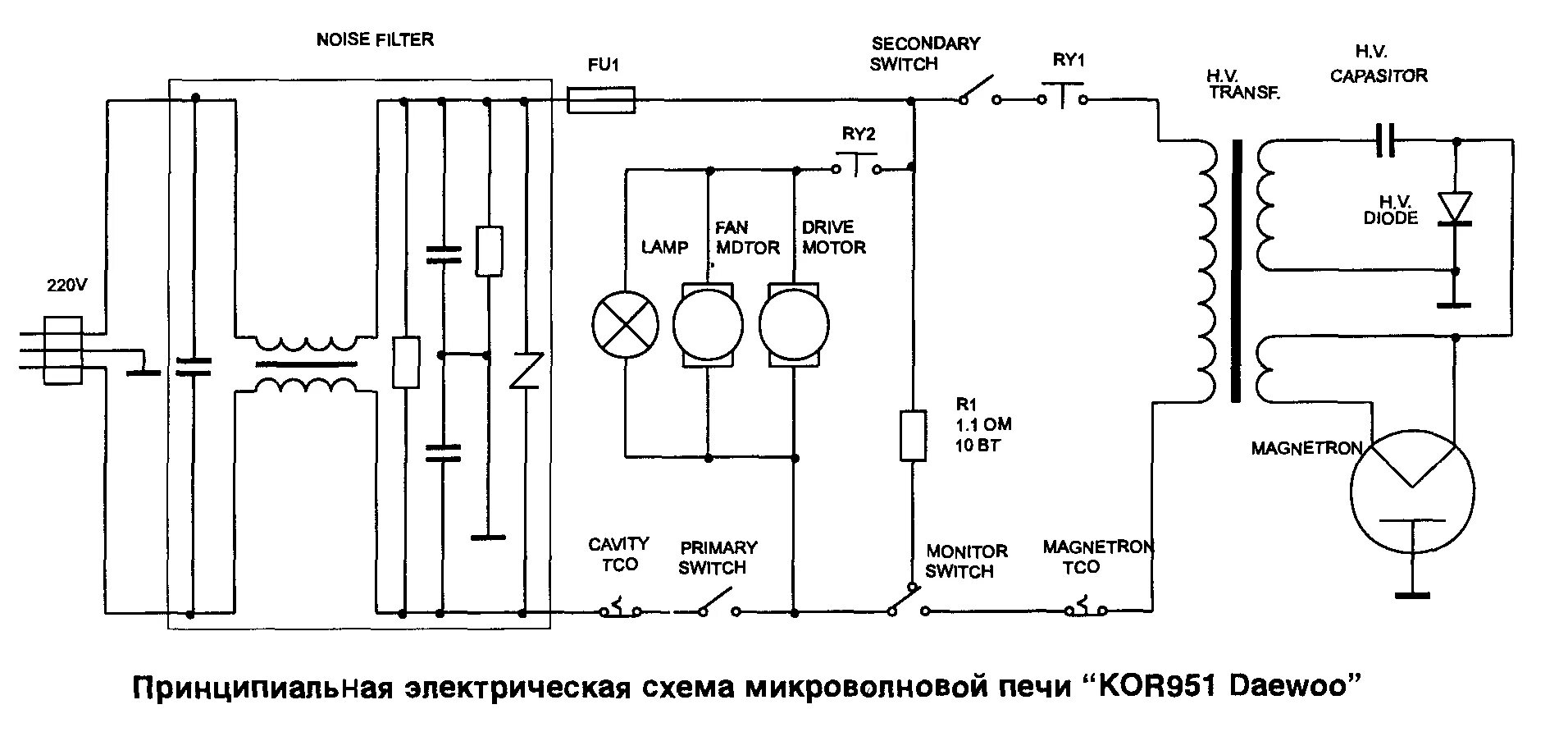 Принципиальная электрическая схема эпилятора Микроволновая печь "KOR951 Daewoo"