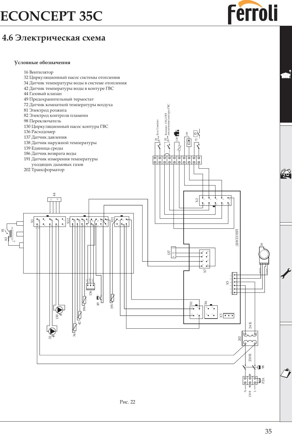 Принципиальная электрическая схема газовых котлов Econcept 35c, 6 электрическая схема, Рис. 22 условные обозначения Инструкция по 