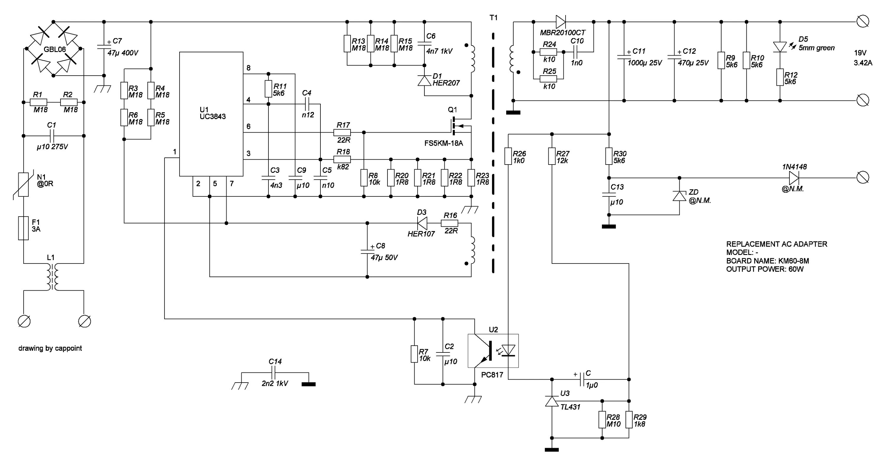 Принципиальная электрическая схема inv32s12m rev0 5 Схема блока питания KM60-8M на UC3843 Принципиальная схема, Электронная схема, Э