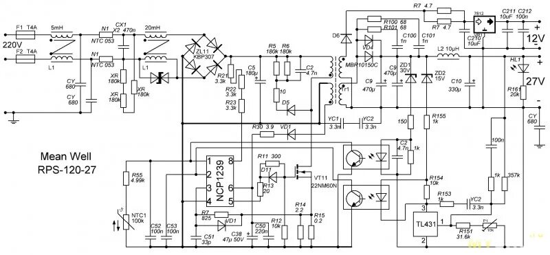 Принципиальная электрическая схема inv32s12m rev0 5 Блок питания MeanWell на 27 вольт - схема ШИМ контроллера, тест источника на имп