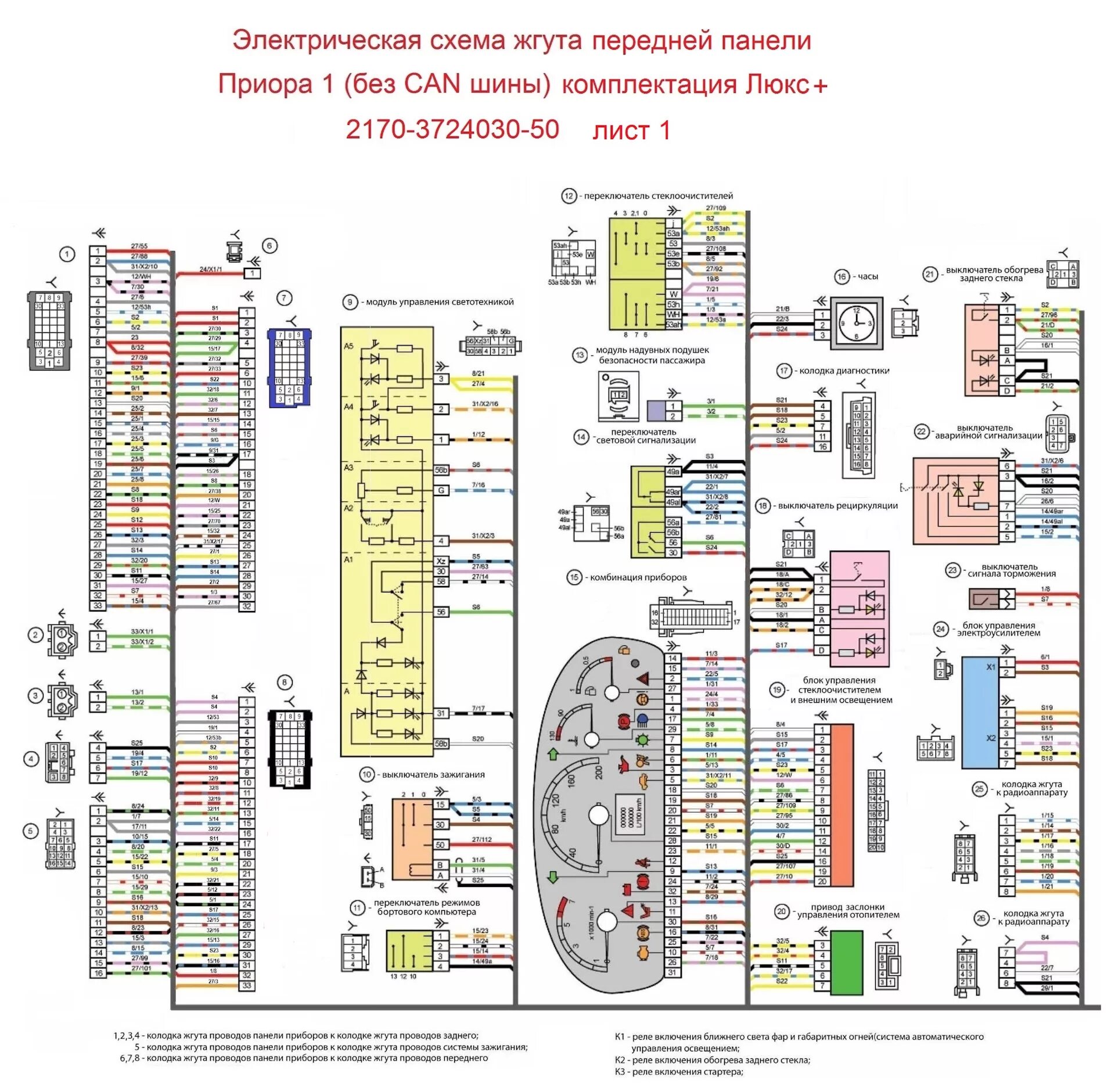 Принципиальная электрическая схема калина Электро схемы Приора 1 люкс + (без CAN шины). Жгут передней панели. - Lada Приор