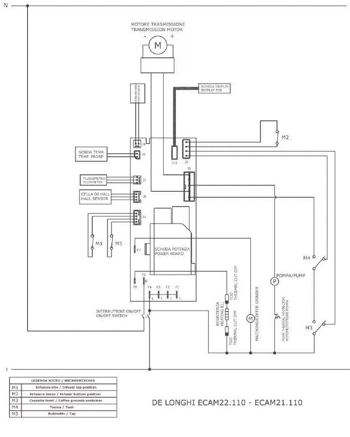 Принципиальная электрическая схема кофемашины DELONGHI ECAM22 110 1 Service Manual download, schematics, eeprom, repair info f