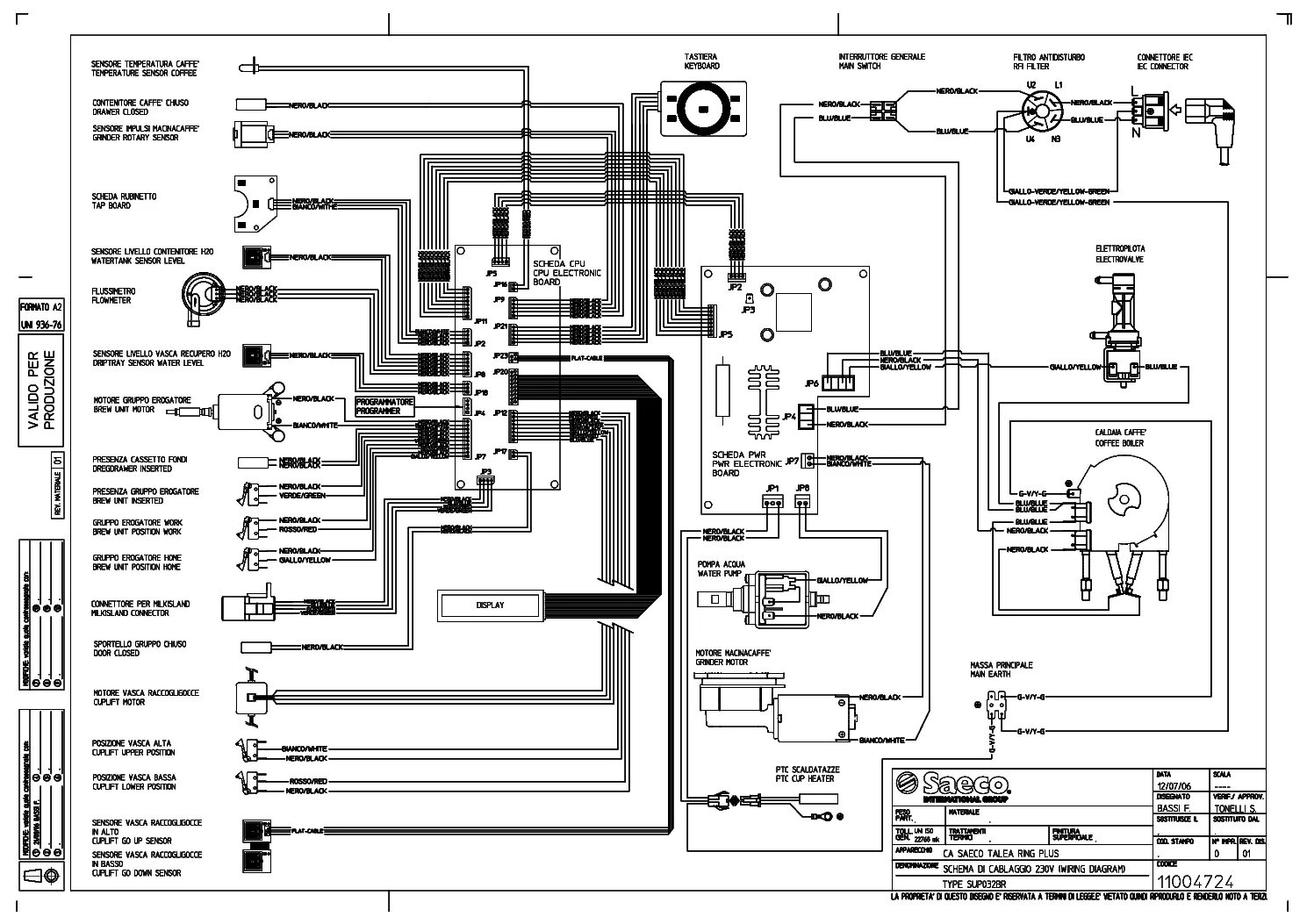 Принципиальная электрическая схема кофемашины SAECO SUP-016-E-R-I ROYAL-COFFEE-BAR FWA Service Manual download, schematics, ee