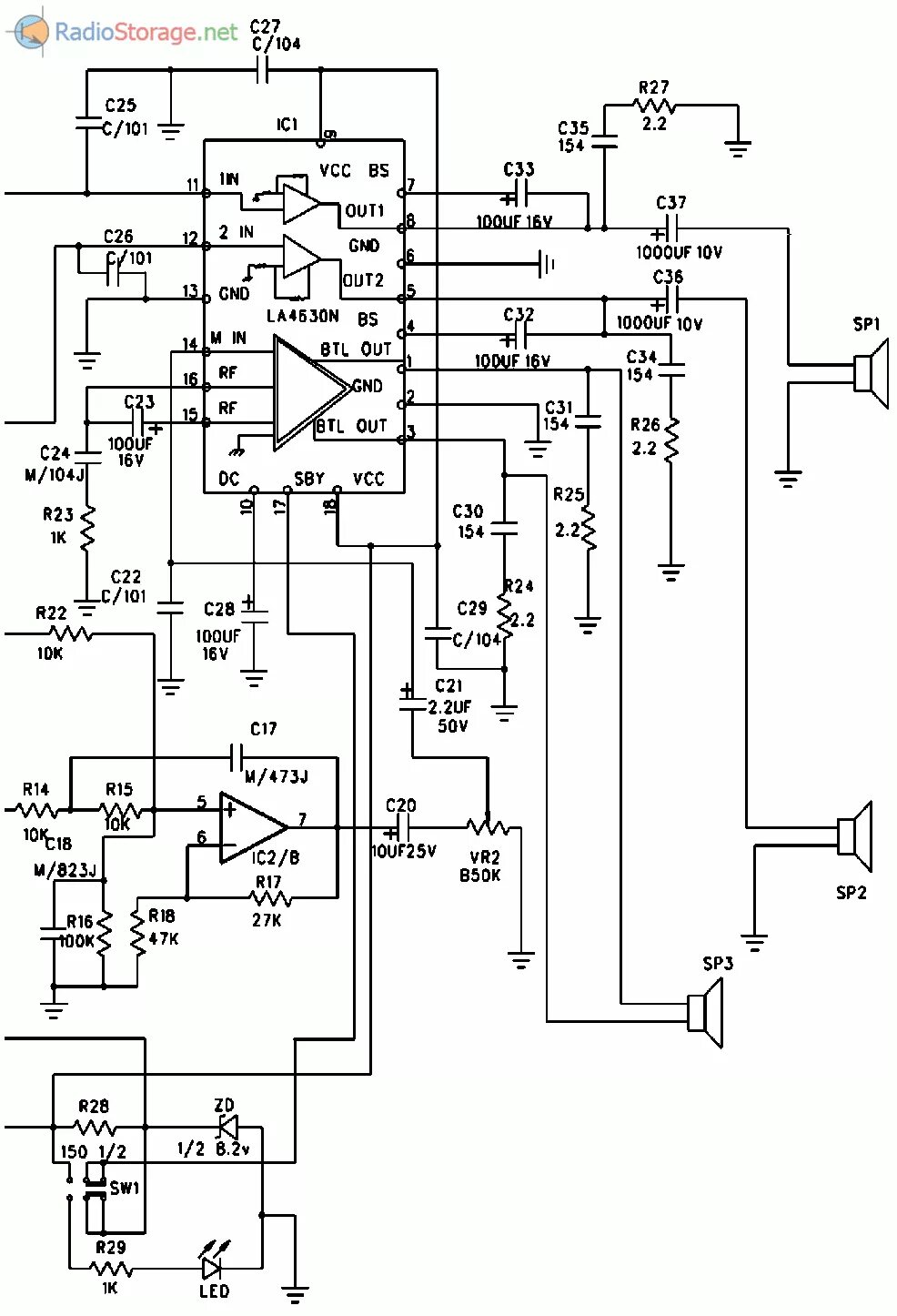 Принципиальная электрическая схема колонки GENIUS SW-G106, принципиальная схема активной АС