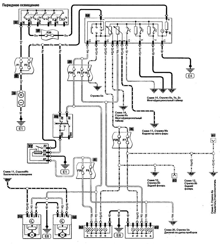 Принципиальная электрическая схема опель астра ф Схема 11. Пярэдняе асвятленне (Опель Астра G 1998-2004, бензін: Электраабсталява