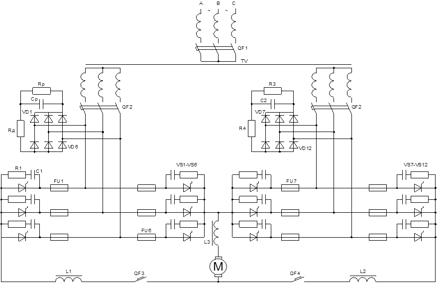 Принципиальная электрическая схема преобразователя ВЫБОР СХЕМЫ ТИРИСТОРНОГО ПРЕОБРАЗОВАТЕЛЯ - Расчет и выбор элементов реверсивного