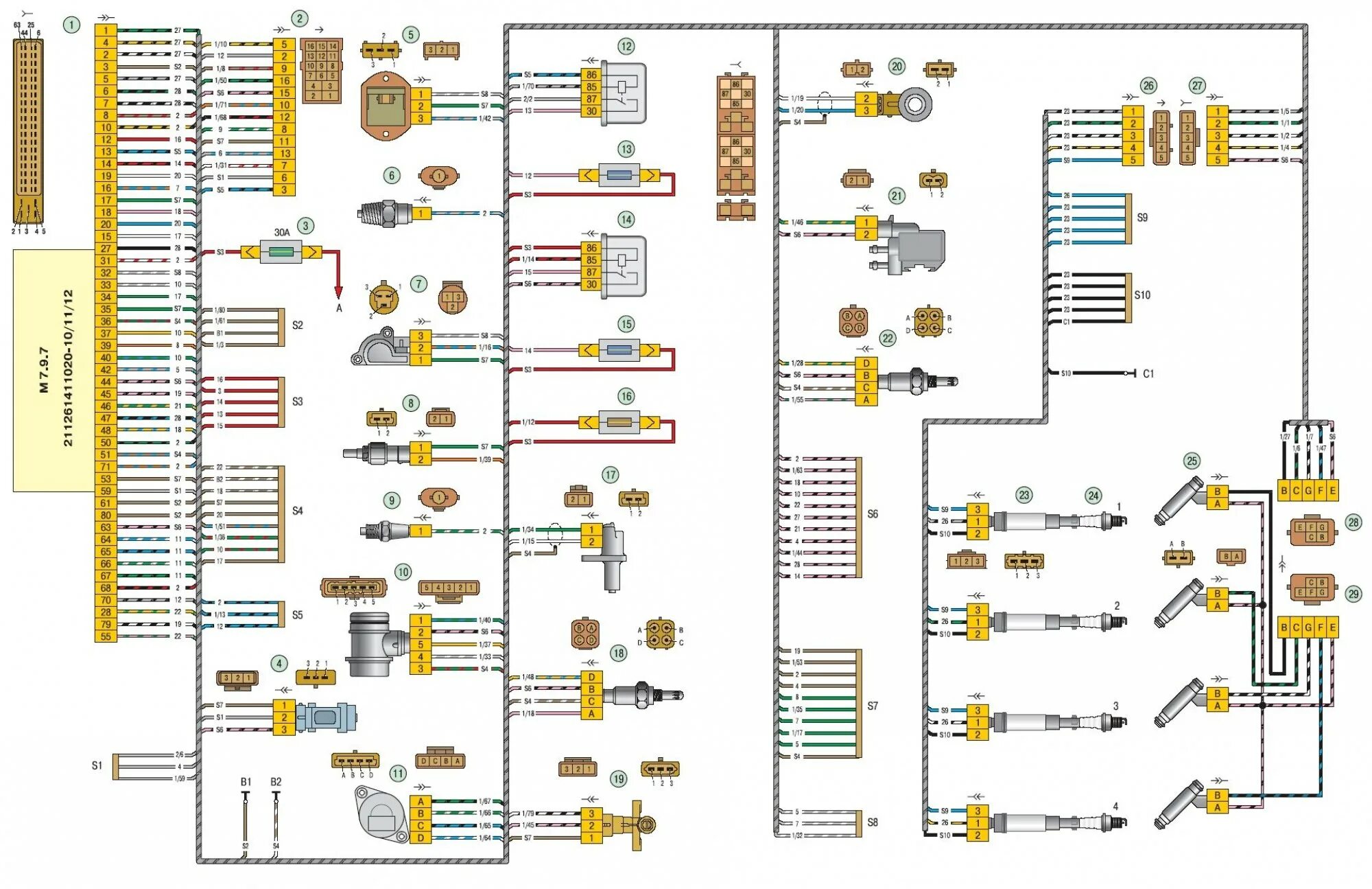 Принципиальная электрическая схема приоры Diagram 3. Engine Control System (ECM) Harness Connections (Lada Priora 1, 2007-