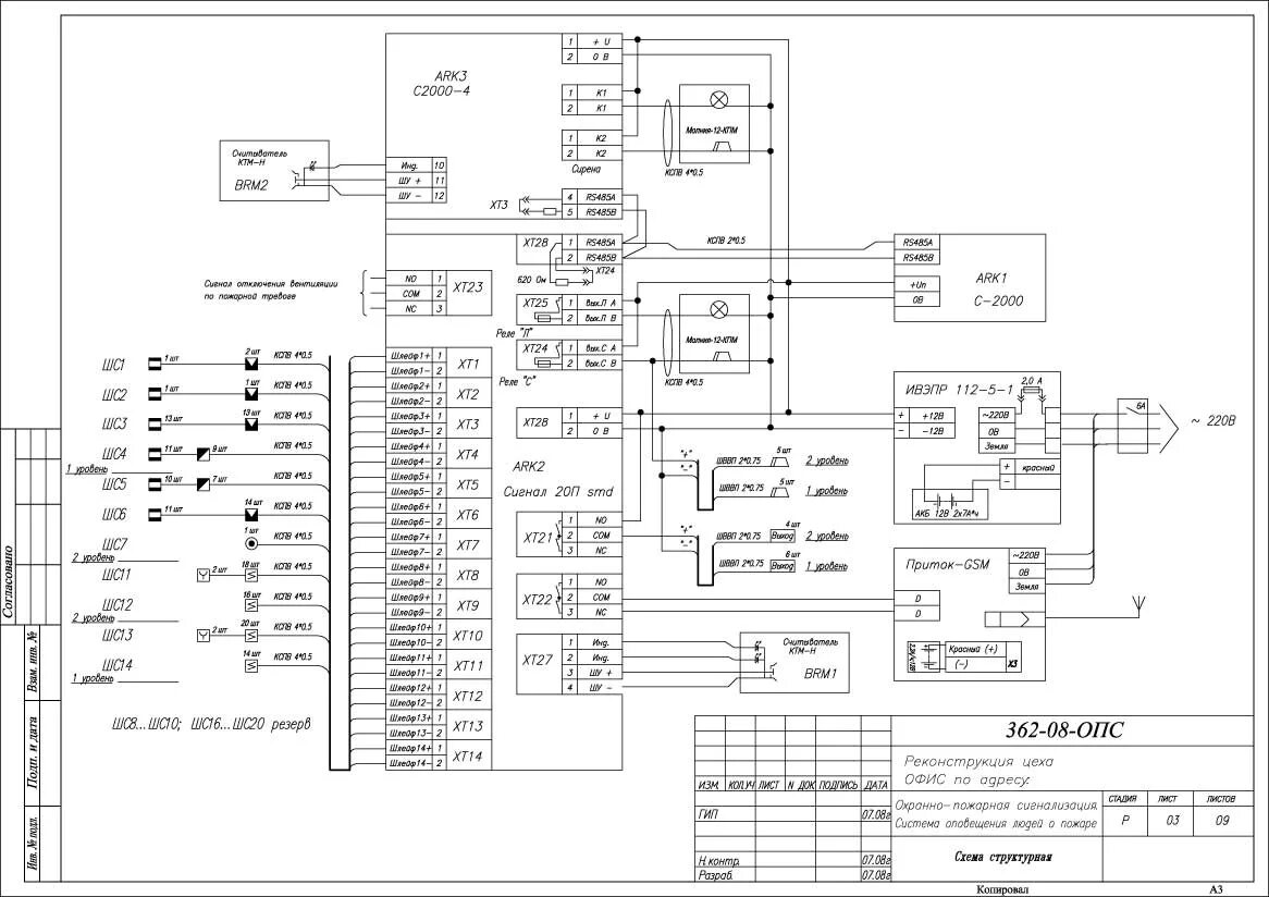 Принципиальная электрическая схема с 2000м Проект ОПС офисного здания / Готовые проекты и чертежи / Pozhproekt.ru