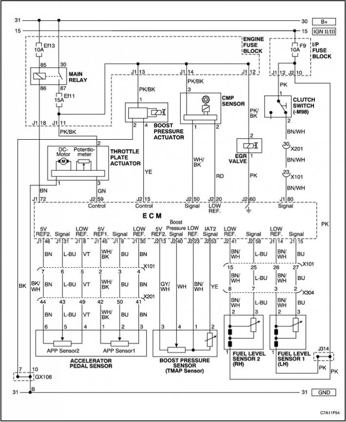 Принципиальная электрическая схема шевроле Elektrický obvod ovládača systému riadenia motora (Chevrolet Captiva 1 2006-2018