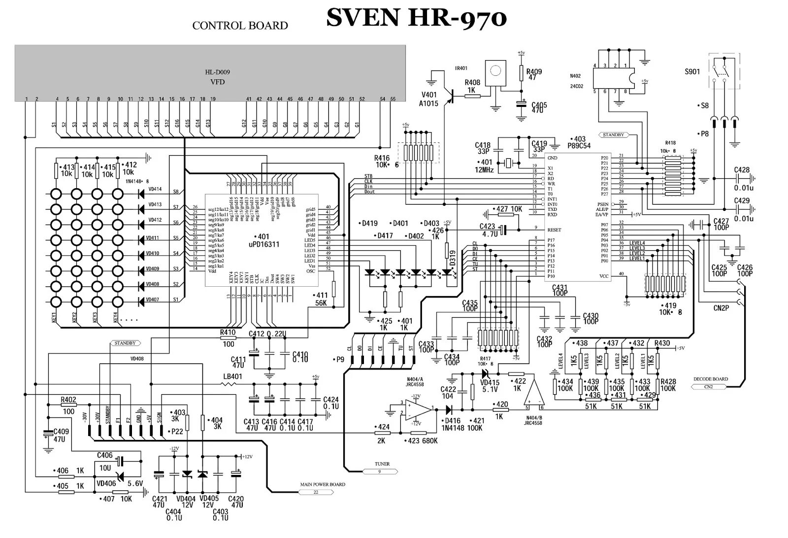 Принципиальная электрическая схема sven Electro help: SVEN - HR-970 - AMP - CONTROL AND HEADPHONE CONTROL BOARD - SCHEMA