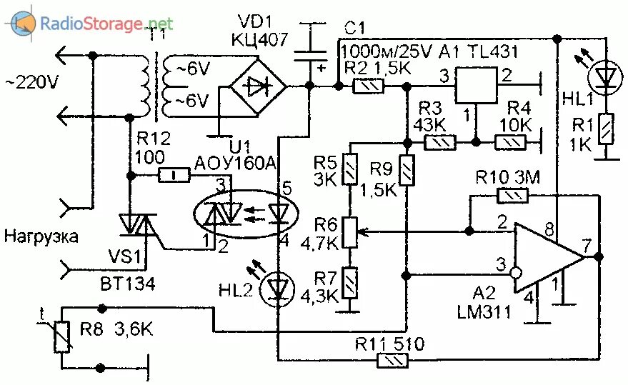 Принципиальная электрическая схема терморегулятора Простой терморегулятор для управления теном на 220В (LM311, АОУ160А)