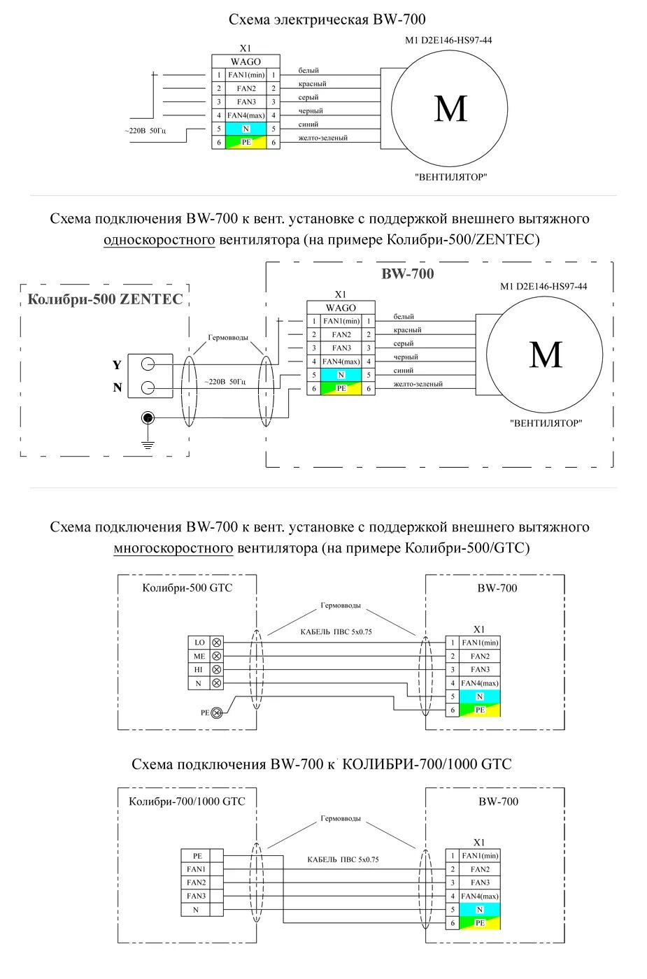 Принципиальная электрическая схема вытяжки BW-700. Технические характеристики. Габаритные размеры, комплектация, схемы подк