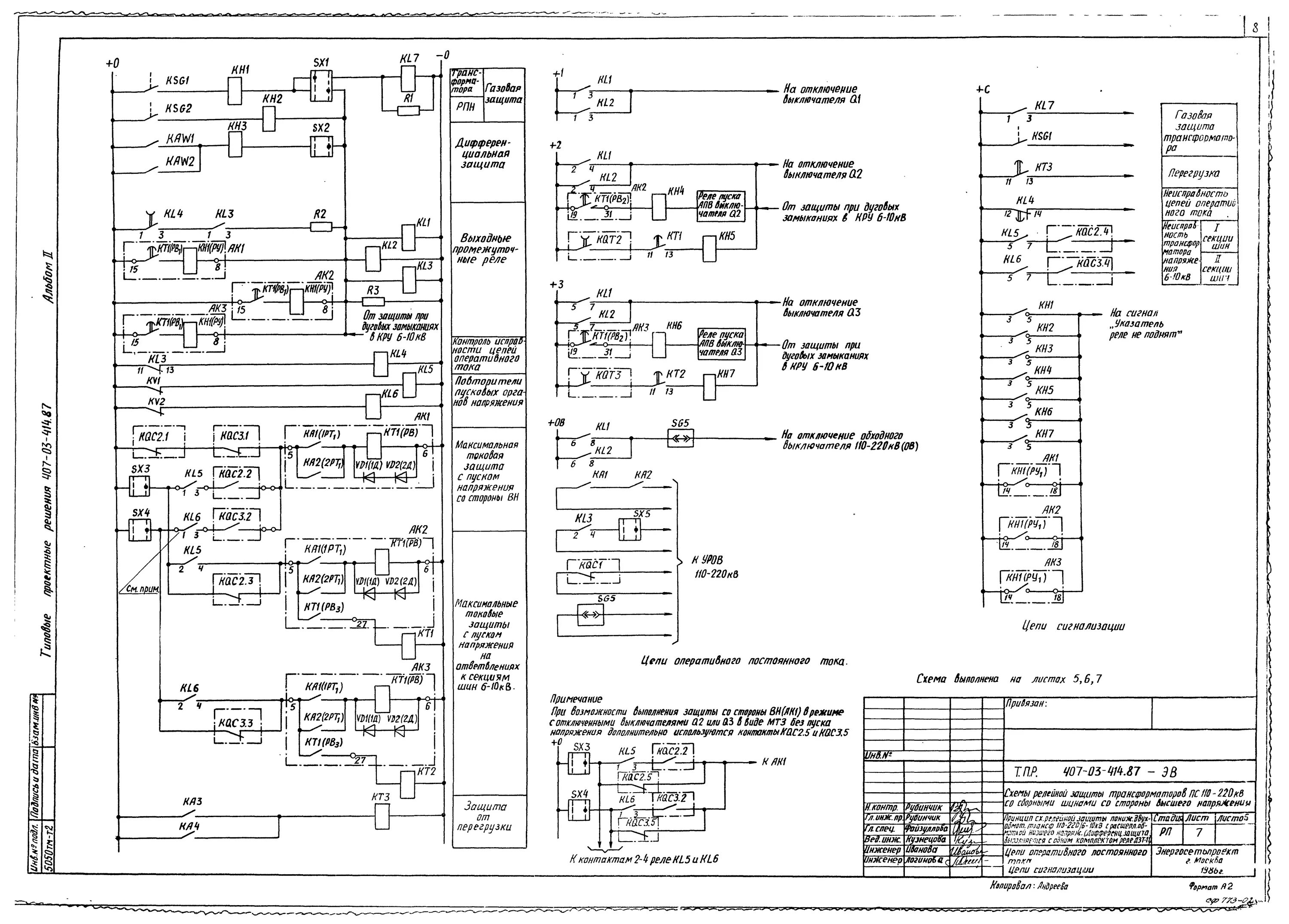 Принципиальная электрическая схема защиты Скачать Типовые проектные решения 407-03-414.87 Альбом II. Чертежи