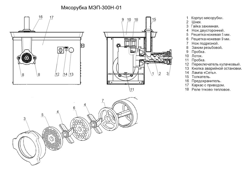 Принципиальная схема электрической мясорубки Электрические мясорубки Abat МЭП-300Н-01, Россия.