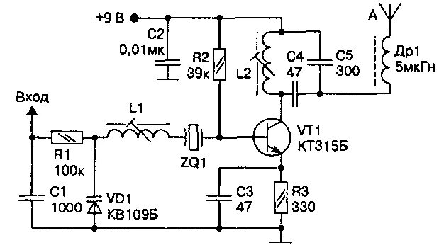 Принципиальная схема передатчика Однотранзисторный ЧМ передатчик (радиоуправление)