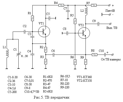 Принципиальная схема передатчика Очень разумные технологические странички - Видео передатчик, видиожучек 2 транзи