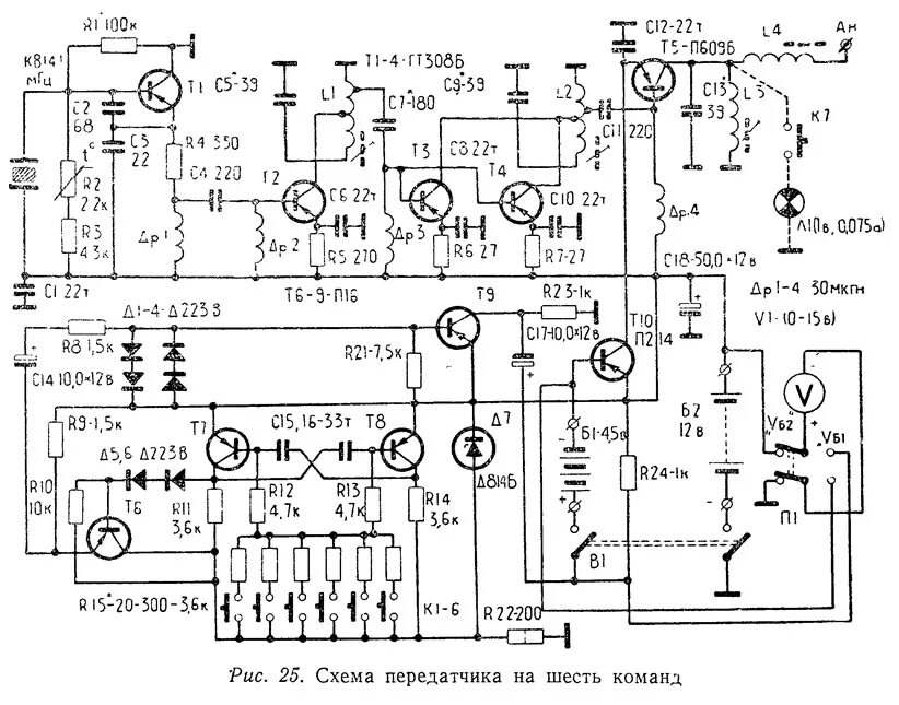 Принципиальная схема передатчика Передатчик на шесть команд для автомодели (Электроника/Передающие устройства) - 