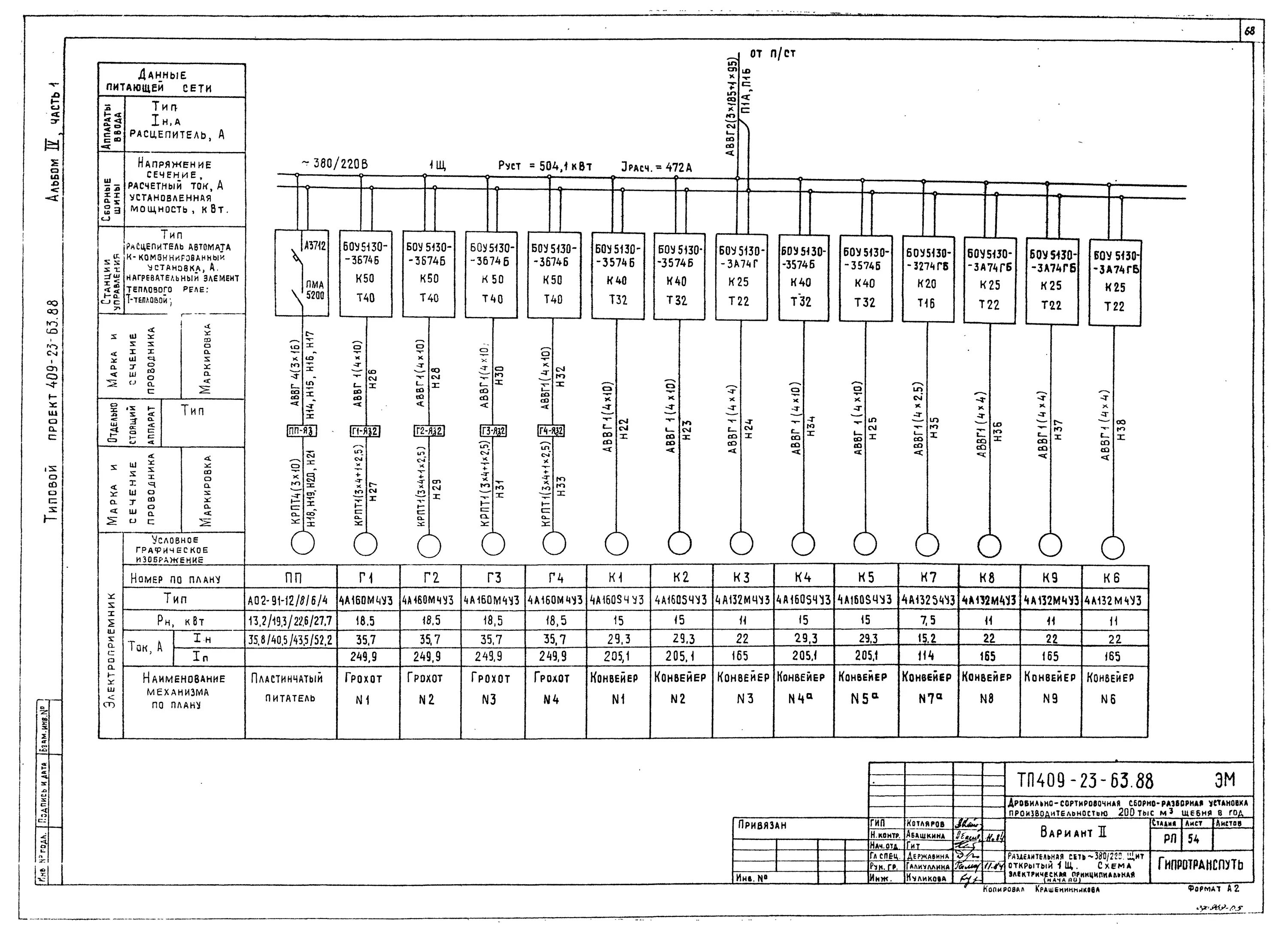 Принципиальная схема питающей сети Скачать Типовой проект 409-23-63.88 Альбом IV. Часть 1. Электроснабжение. Электр