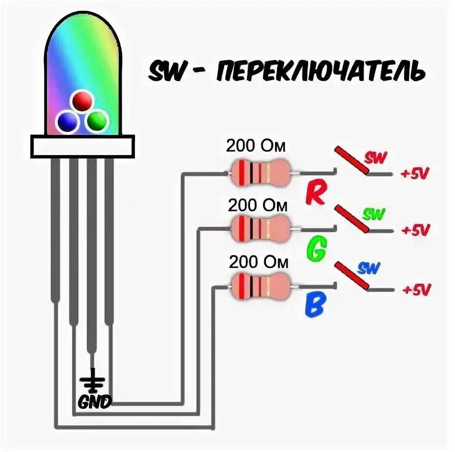 Принципиальная схема подключения 3 цветного светодиода RGB-светодиоды: адресуемая светодиодная лента