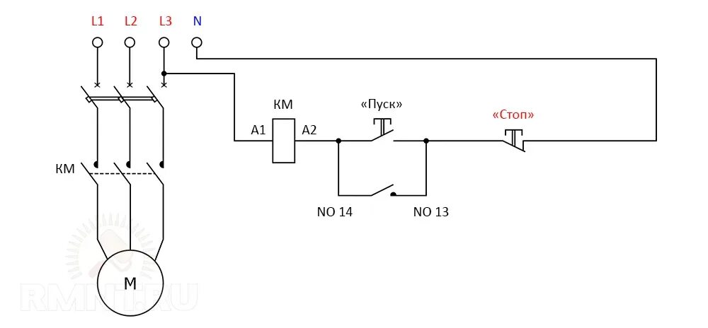 Принципиальная схема подключения электродвигателя через пускатель Схема самоподхвата пускателя фото - DelaDom.ru