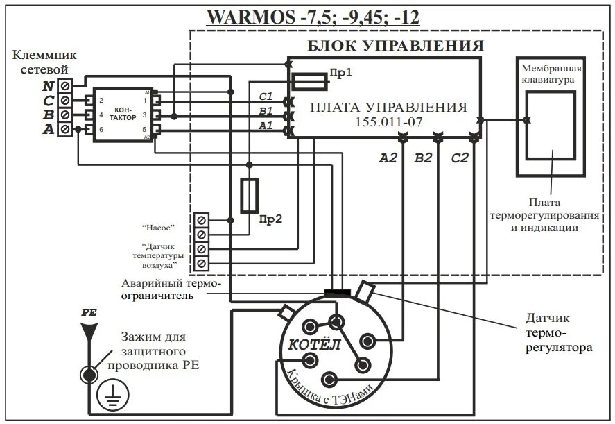 Принципиальная схема подключения котла Котел электрический Warmos IV Эван 7,5/380 САНТЕХНИК