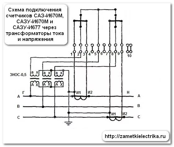 Принципиальная схема подключения счетчика Схема подключения трехфазного индукционного счетчика САЗУ-И670М Заметки электрик