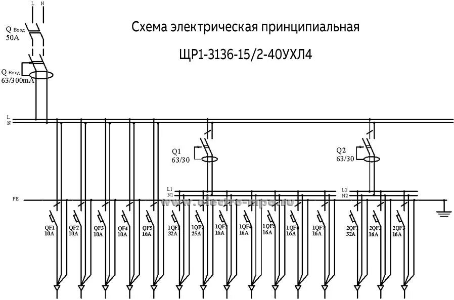 Принципиальная схема распределительного щита Щит ЩР1-3136-15/2-40УХЛ4 для 3-комн. квартиры, навесной, комплектация SE (МПО Эл