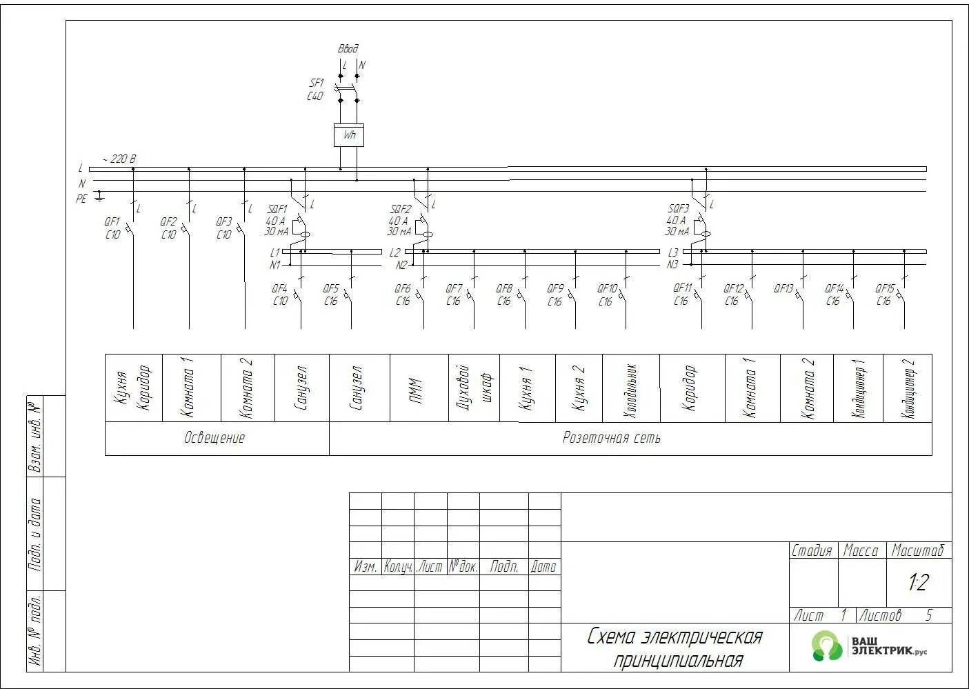 Принципиальная схема щита силового Dwg однолинейная электрическая схема