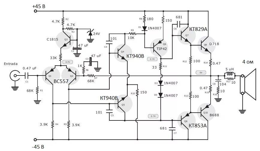 Принципиальная схема усилителя звука история Форум РадиоКот :: Просмотр темы - Двухтактный УНЧ на 2SD718 b 2SB688