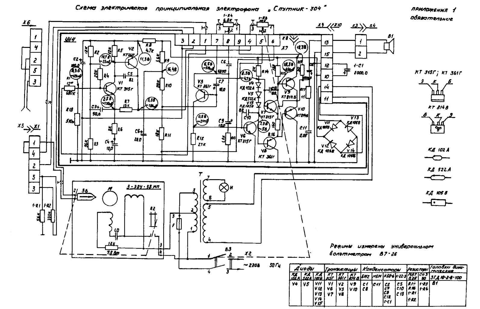 Принципиальные электрические схемы электрофонов Электрофон Спутник-304 Радиодетали в приборах